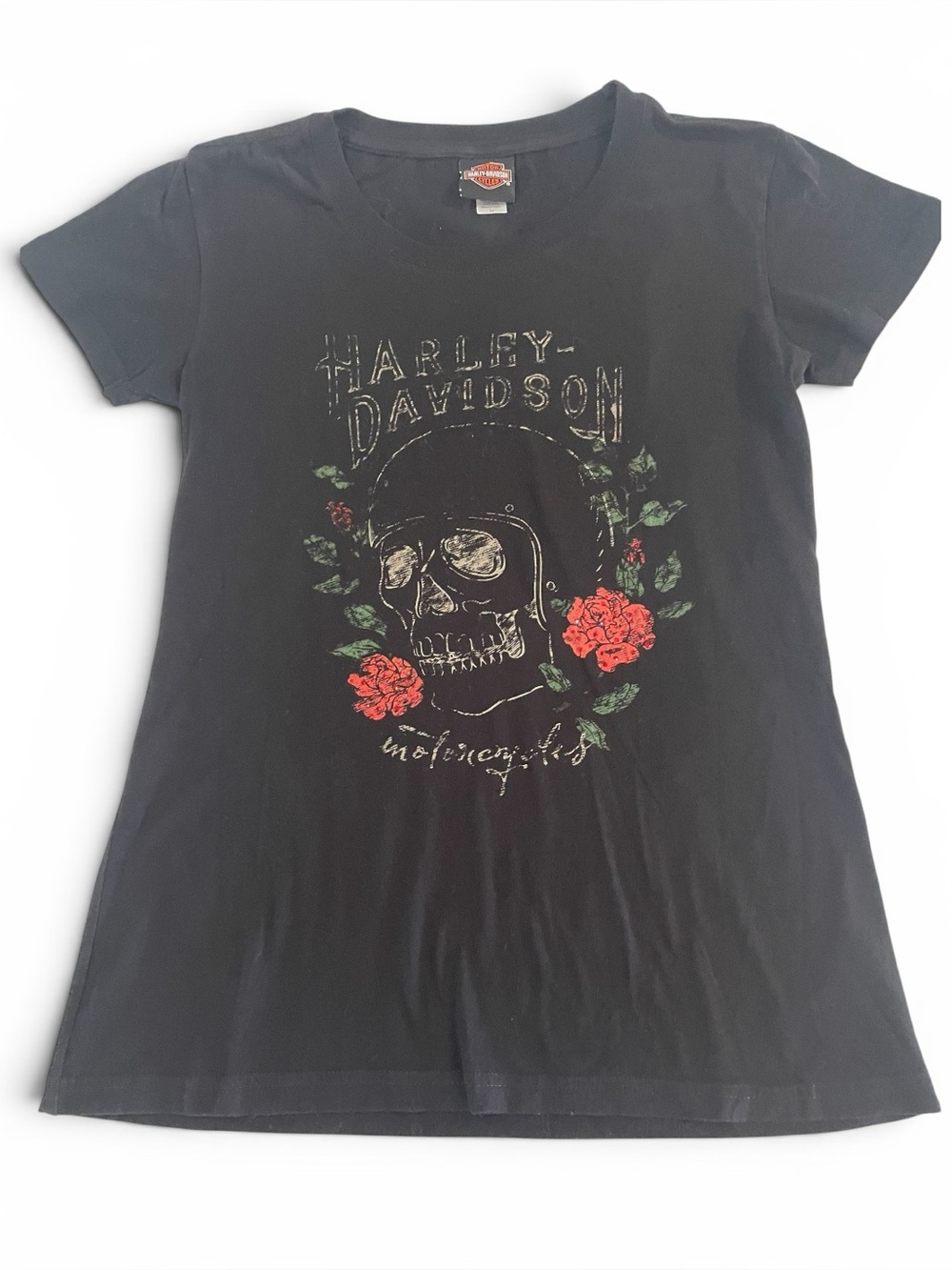 Harley-Davidson Black Short Sleeve Tee with Skull & Red Roses Fargo ND Size M
